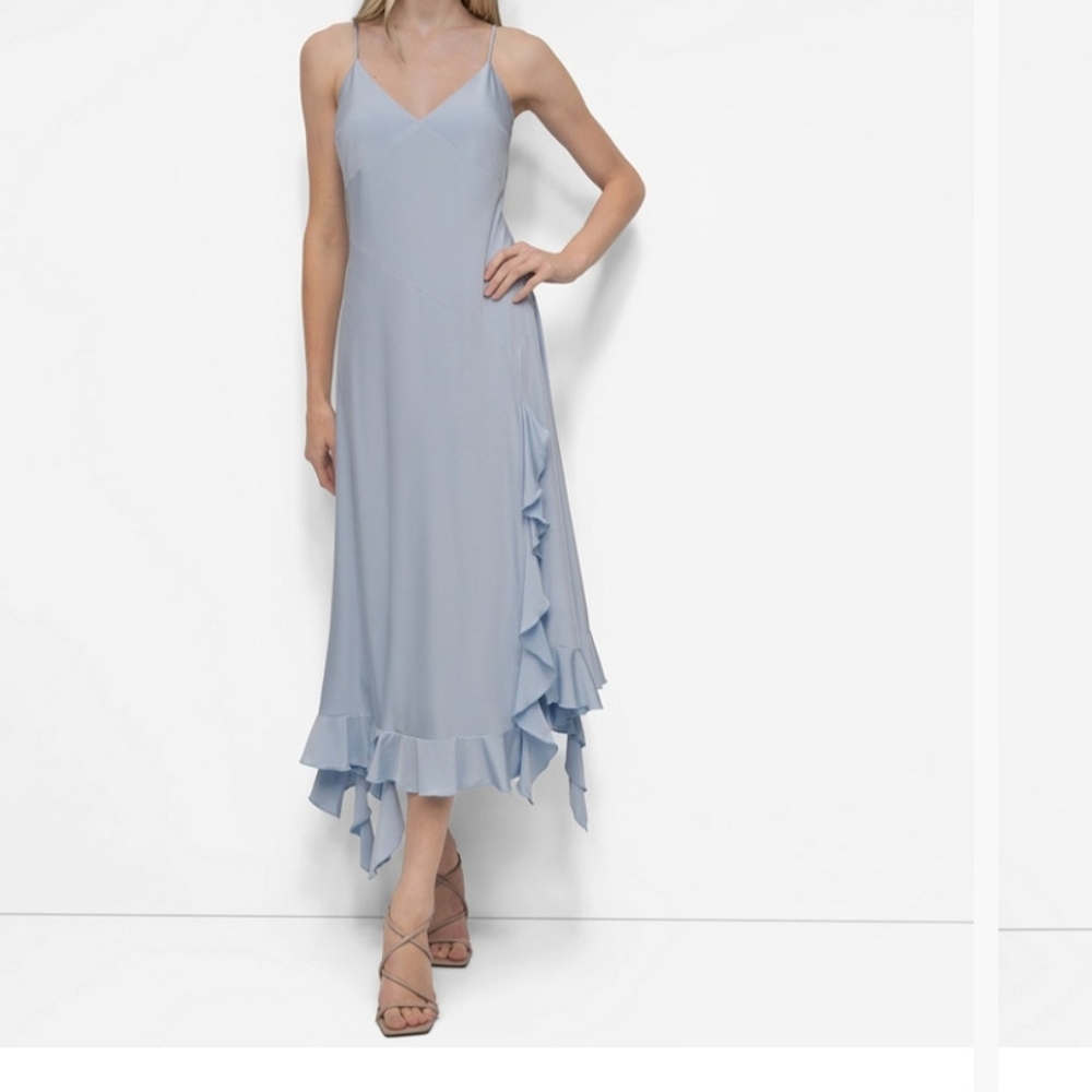 DKNY Powder Blue Ruffle High-Low Slip Dress - Picture 2 of 5